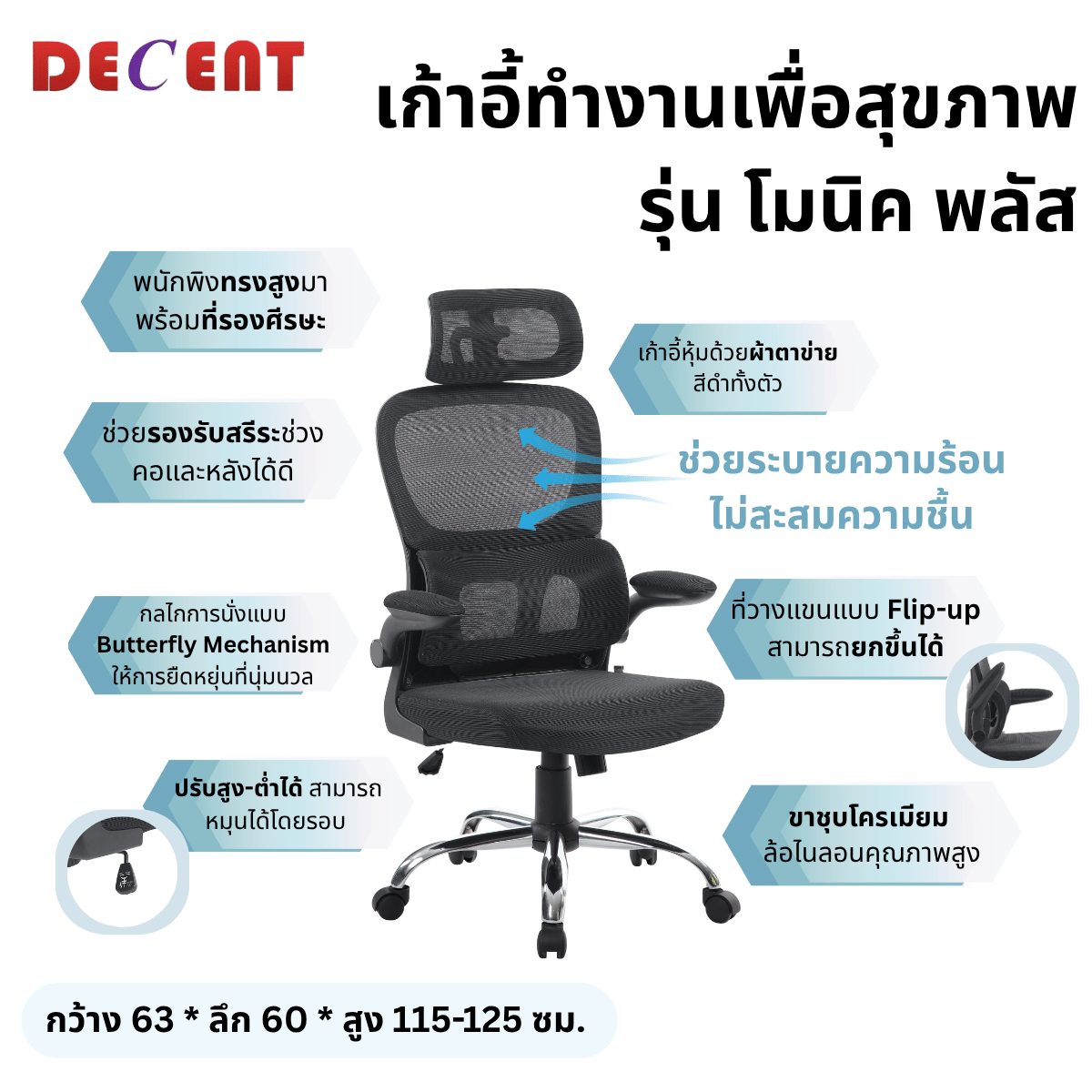 เก้าอี้ทำงานเพื่อสุขภาพ DECENT รุ่น โมนิค พลัส สีดำ_3